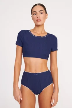 BRENTON HIGH RISE BIKINI BOTTOM NAVY WHITE