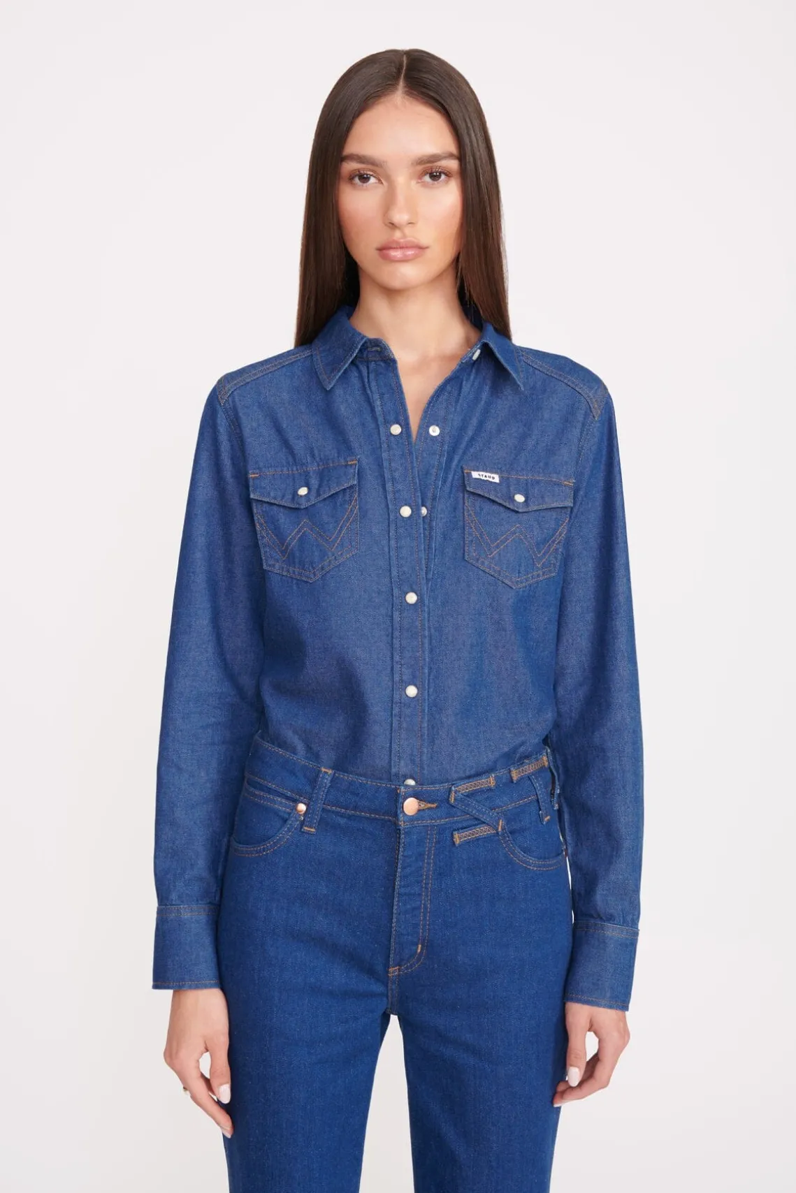 STAUD + WRANGLER THE WESTERN SHIRT DARK RINSE
